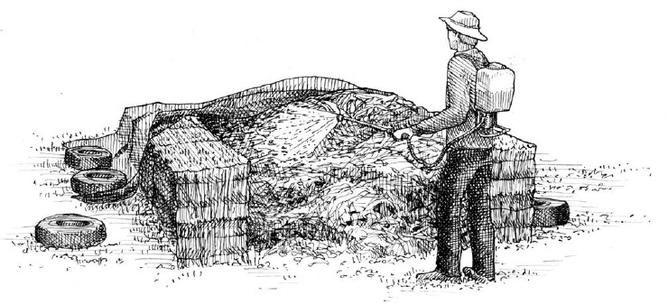 To complete our compost needs, we make our own with crop residues and other available carbonaceous material. When building the pile, we inoculate it with “bokashi” type bacteria, which help to decompose the heap without us having to turn it.