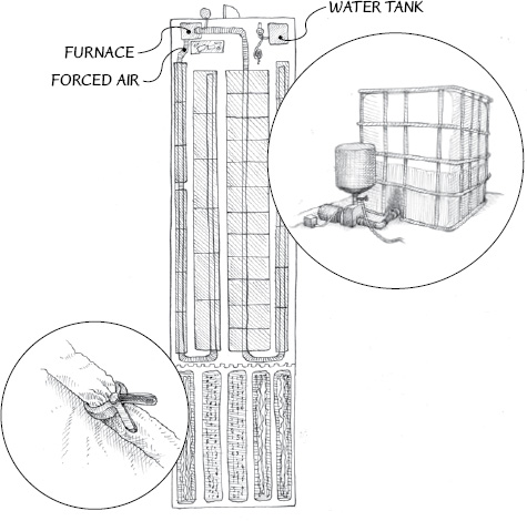 The large tomato greenhouse is divided in two by a piece of polyethylene clipped to the hoops.