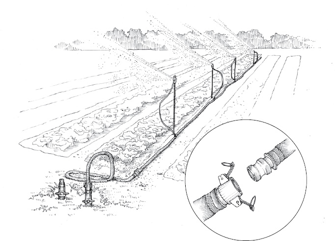A flexible pipe with quick-connect fittings allows us to move irrigation lines to any pathway in our gardens. With two people working together, moving and installing one of them is a 10-minute job.